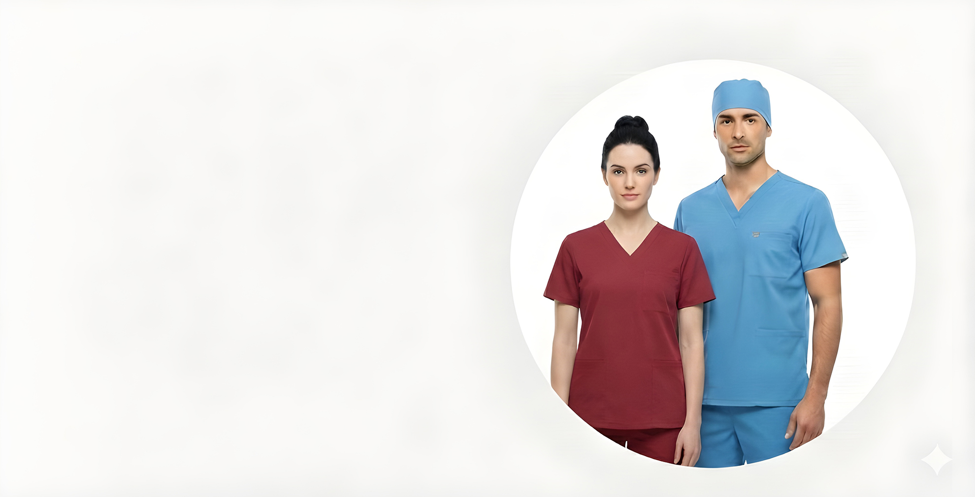 Équipe médicale mixte, femme et homme, portant des tenues ProMedWear coordonnées dans un cadre de soin contemporain